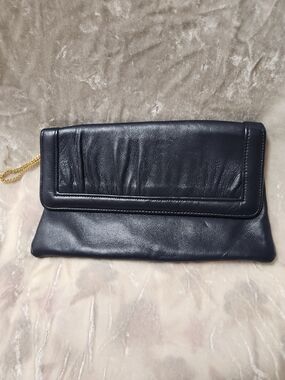 Classic Navy Blue Leather Fold-Over Clutch